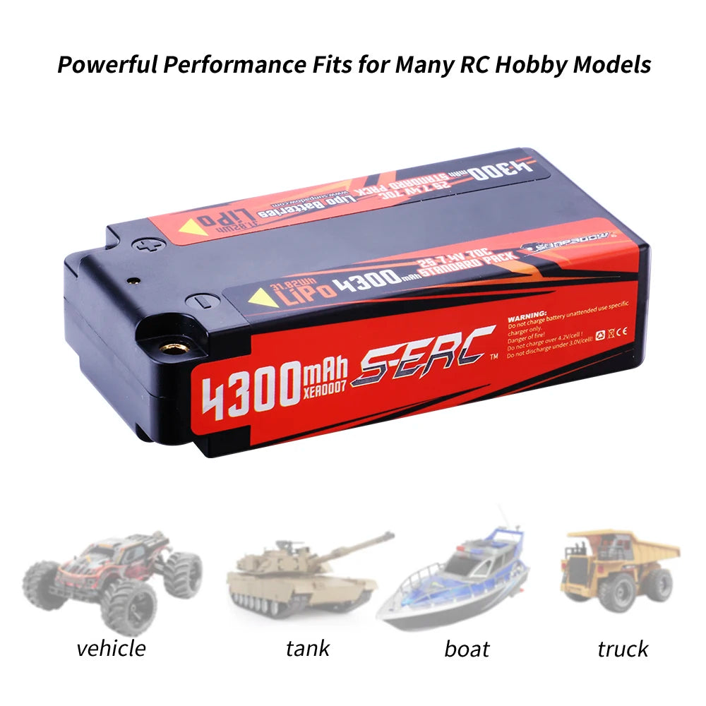 SUNPADOW 2S Shorty Lipo Battery, SERC XER0007 4300mAh 7.4V 70C LiPo battery with hard case, 4mm connectors, for 1/10 RC models. High performance, CE compliant. Use compatible charger; max 4.2V/cell, min 3.0V/cell.
