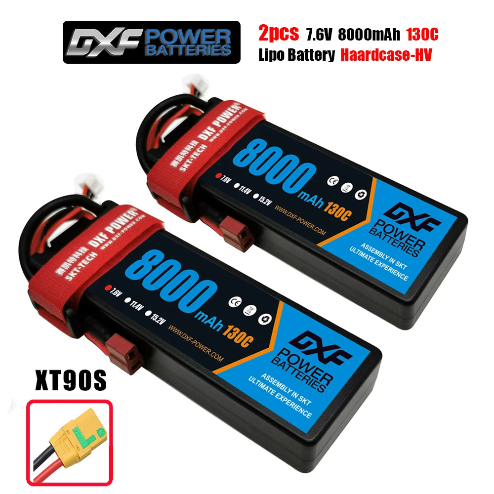 DXF Lipo Battery, DXF Power offers 2pcs 7.6V 8000mAh 130C LiPo hardcase-HV batteries with XT90S connectors, SKT assembly, for ultimate performance. Visit www.dxf-power.com.