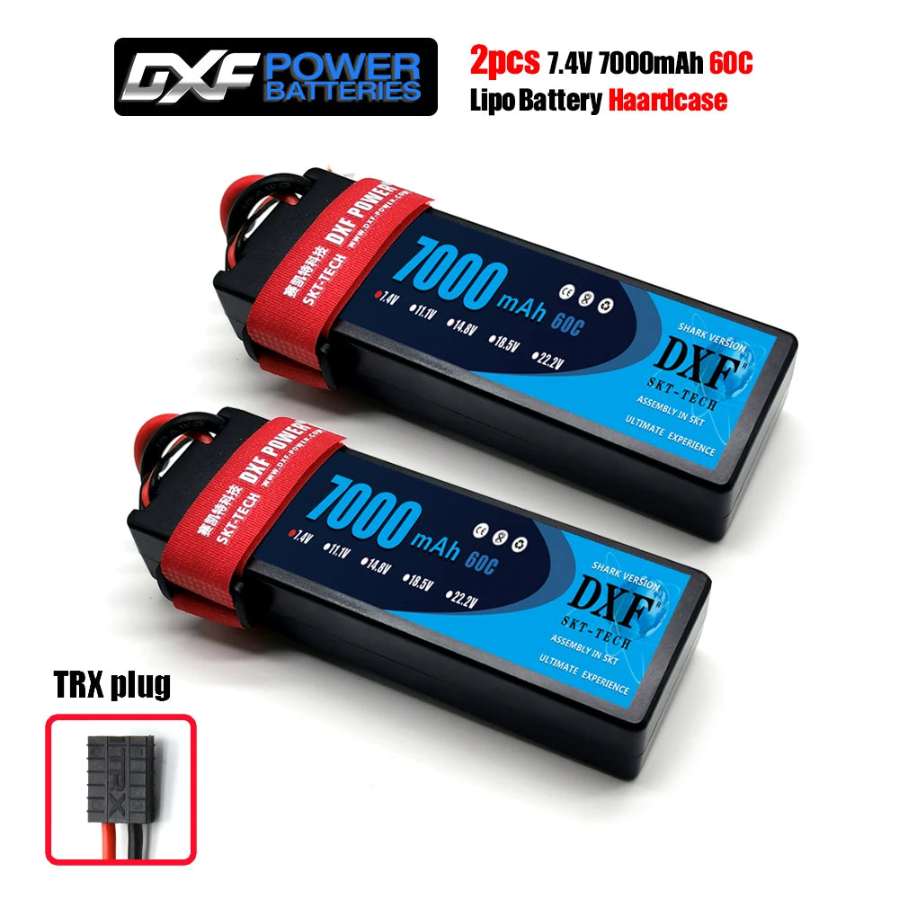 DXF Lipo Battery, DXF Power 7.4V 7000mAh 60C LiPo batteries, hardcase, TRX plug, shark version by SKT-TECH, high performance with multiple voltage options.