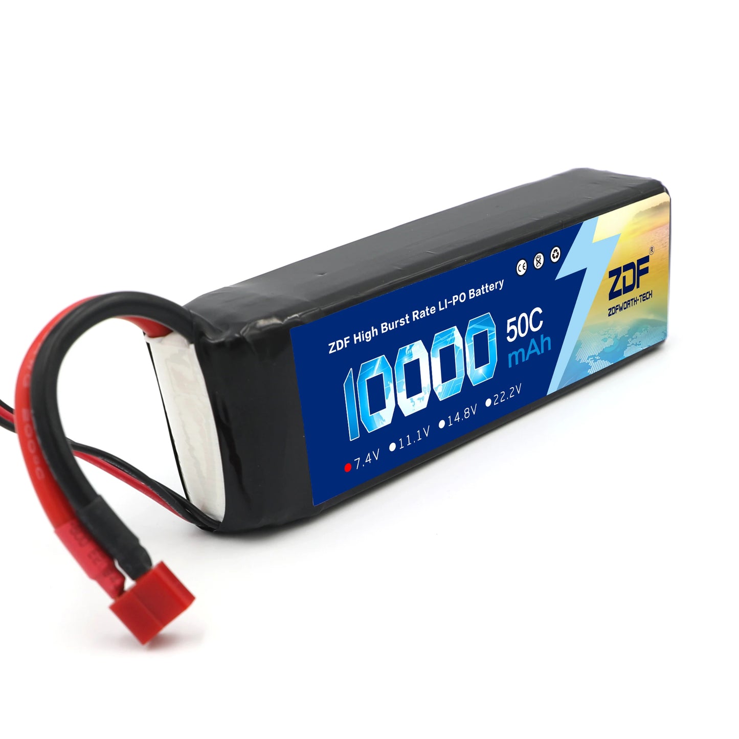 ZDF 2S 7.4V 10000mAh 50C (100C Max) Lipo Battery, ZDF 10000mAh 50C LiPo battery, available in 7.4V, 11.1V, 14.8V, and 22.2V models, features XT60 plug for high-performance power needs.