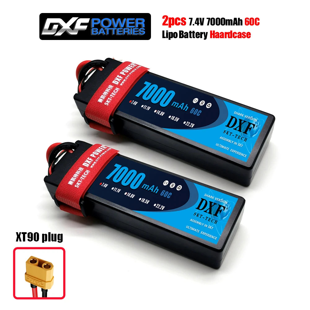 DXF Lipo Battery, Two 7.4V 7000mAh 60C LiPo hardcase batteries with XT90 plugs, Shark version, SKT-TECH assembly for superior performance.