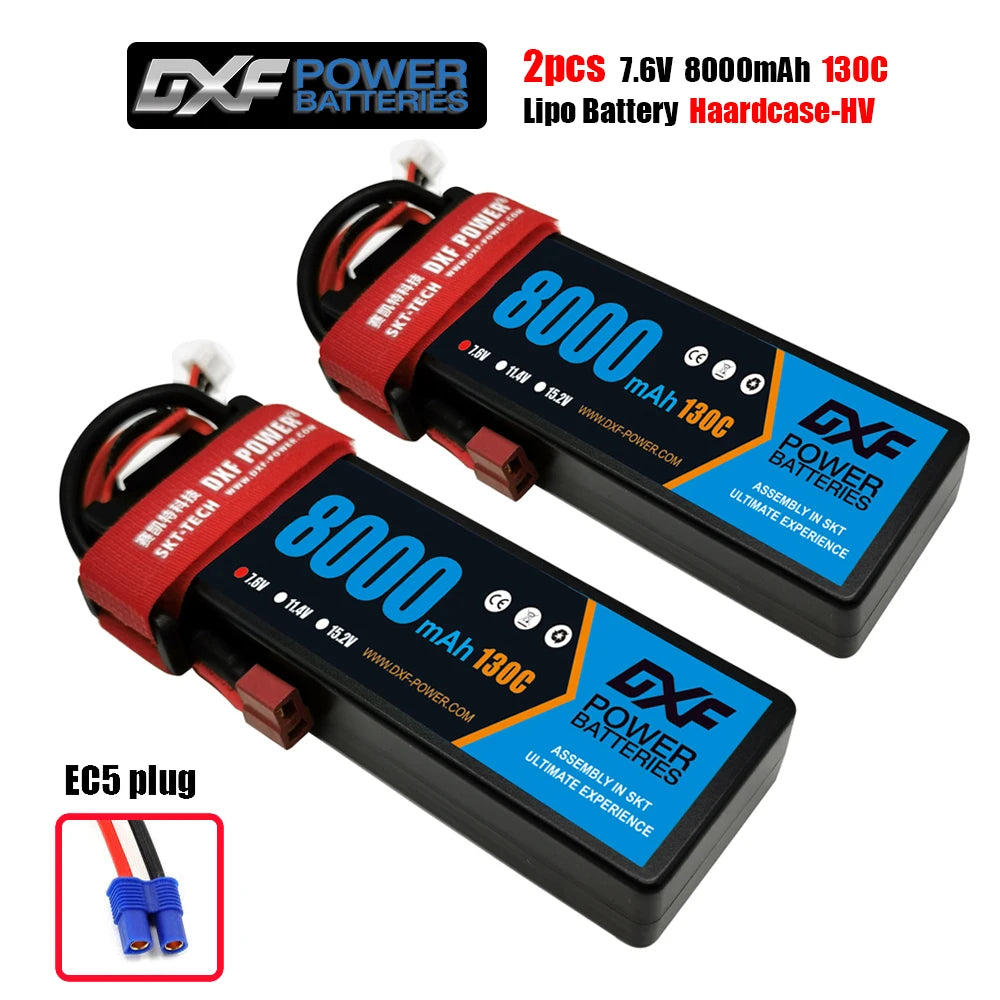 DXF Lipo Battery, DXF Power 7.6V 8000mAh 130C LiPo batteries, EC5 plug, SKT assembly, high-voltage performance. Ideal for ultimate power needs. Visit www.dxf-power.com. (24 words)