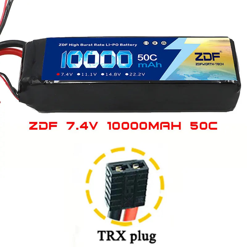ZDF 2S 7.4V 10000mAh 50C (100C Max) Lipo Battery, ZDF 7.4V 10000mAh 50C LiPo battery with TRX plug, high burst rate, ideal for RC cars and toys.