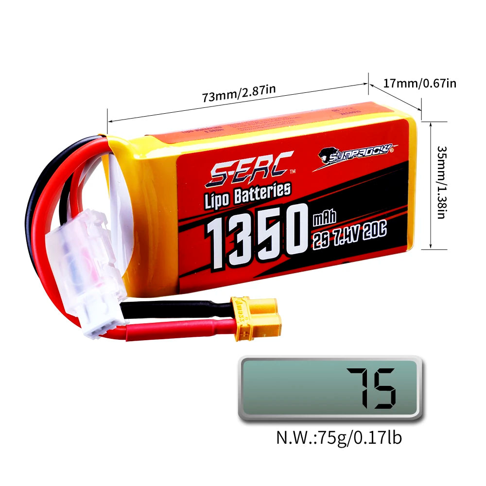 Sunpadow 2S LiPo Battery, SERC 1350mAh 2S 7.4V 20C LiPo battery, 73x35x17mm, 75g, XT30 connector, red and yellow casing.