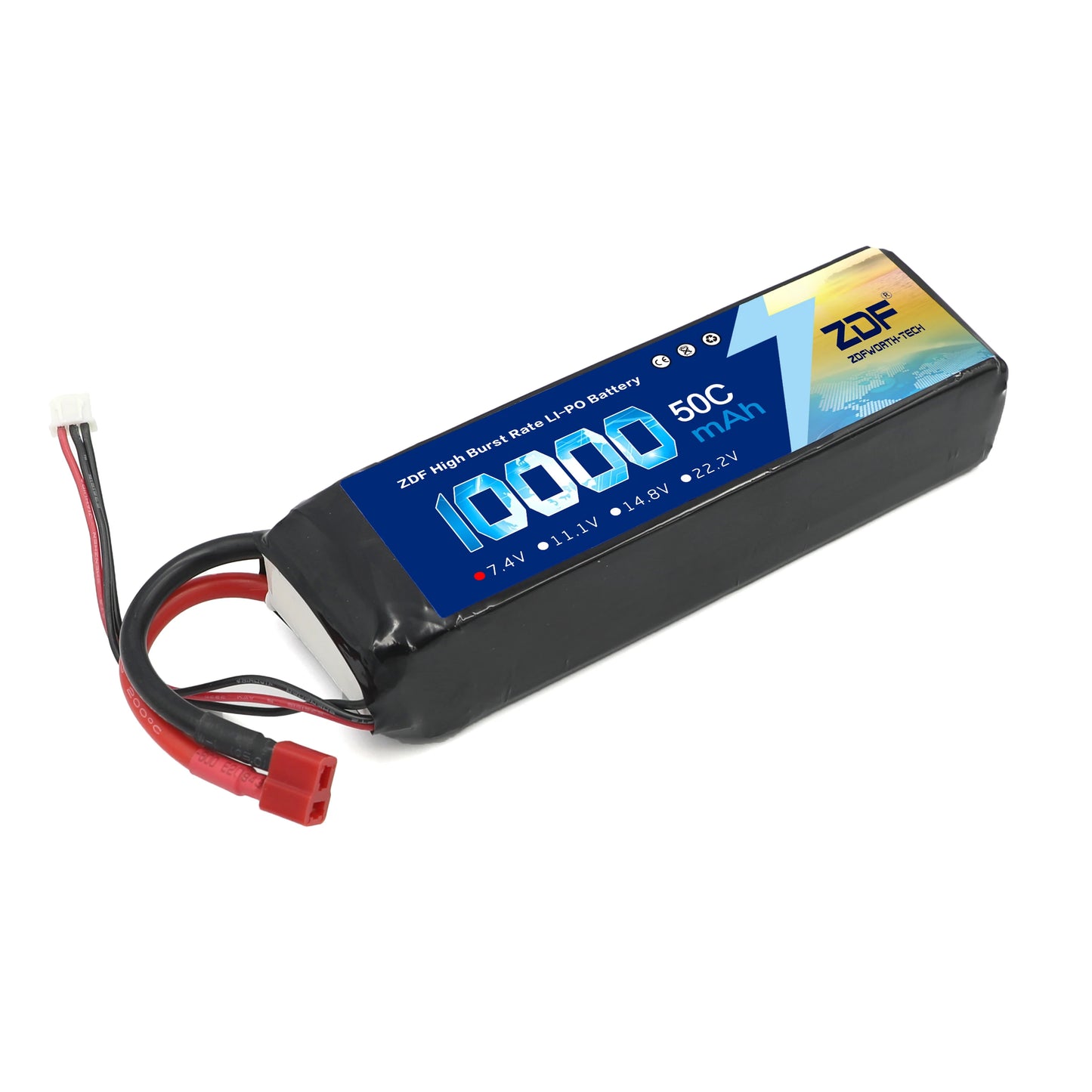 ZDF 2S 7.4V 10000mAh 50C (100C Max) Lipo Battery, ZDF 10000mAh 50C LiPo battery, 7.4V with XT60 plug and 10AWG wire, offers high burst rate for powerful performance in RC cars and toys.