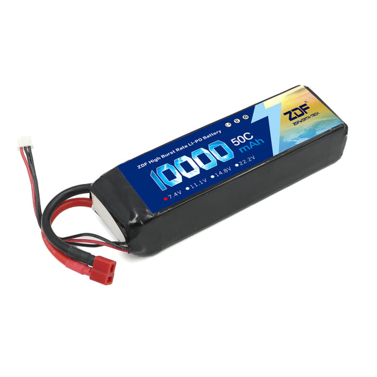 ZDF 2S 7.4V 10000mAh 50C (100C Max) Lipo Battery, ZDF 10000mAh 50C LiPo battery, 7.4V with XT60 plug and 10AWG wire, offers high burst rate for powerful performance in RC cars and toys.