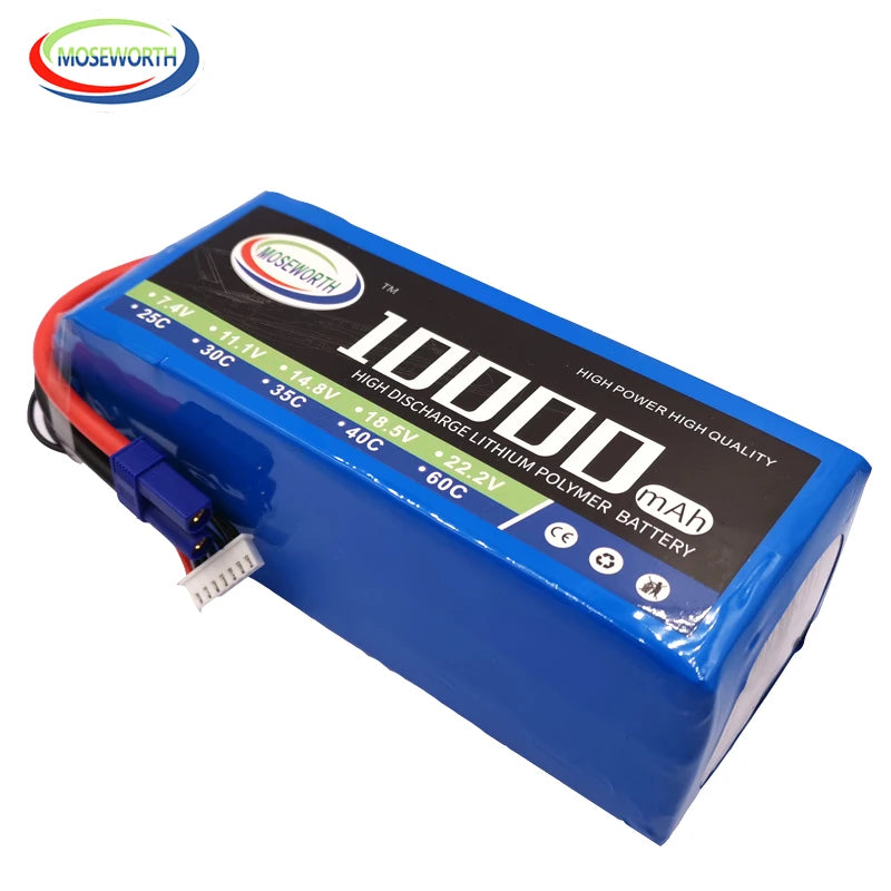 MOSEWORTH RC Lipo Battery, MOSEWORTH 10000mAh LiPo battery, 7.4V–22.2V, 25C–60C, high power and quality, ideal for RC aircraft, cars, and drones.