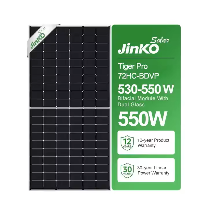 Jinko 550 Watt Solar Panel, Solan JinKo Tiger Pro module: 530-550W bifacial design with dual glass, 12-year warranty and 30-year power guarantee.