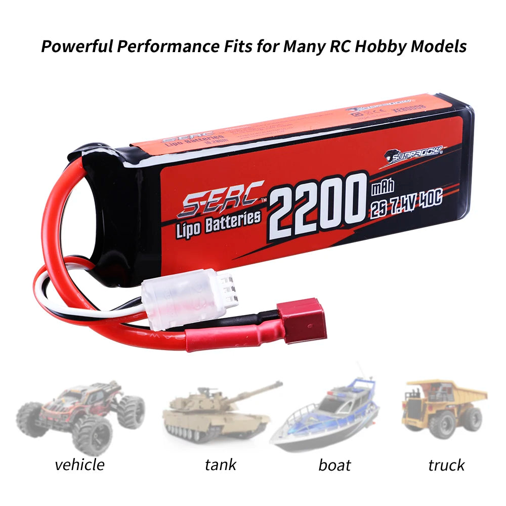 SUNPADOW 2S Lipo Battery, High-performance 2200mAh 7.4V 40C LiPo battery by SERC, ideal for RC vehicles, tanks, boats, and trucks, offering reliable power and long runtime.