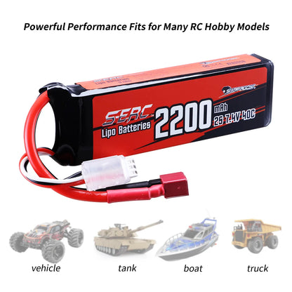 SUNPADOW 2S Lipo Battery, High-performance 2200mAh 7.4V 40C LiPo battery by SERC, ideal for RC vehicles, tanks, boats, and trucks, offering reliable power and long runtime.
