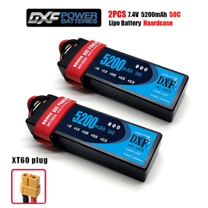 DXF Lipo Battery, DXF Power 7.4V 5200mAh 50C LiPo batteries, hardcase, XT60 plug, Shark Version by SKT-Tech, ideal for RC cars and airplanes.