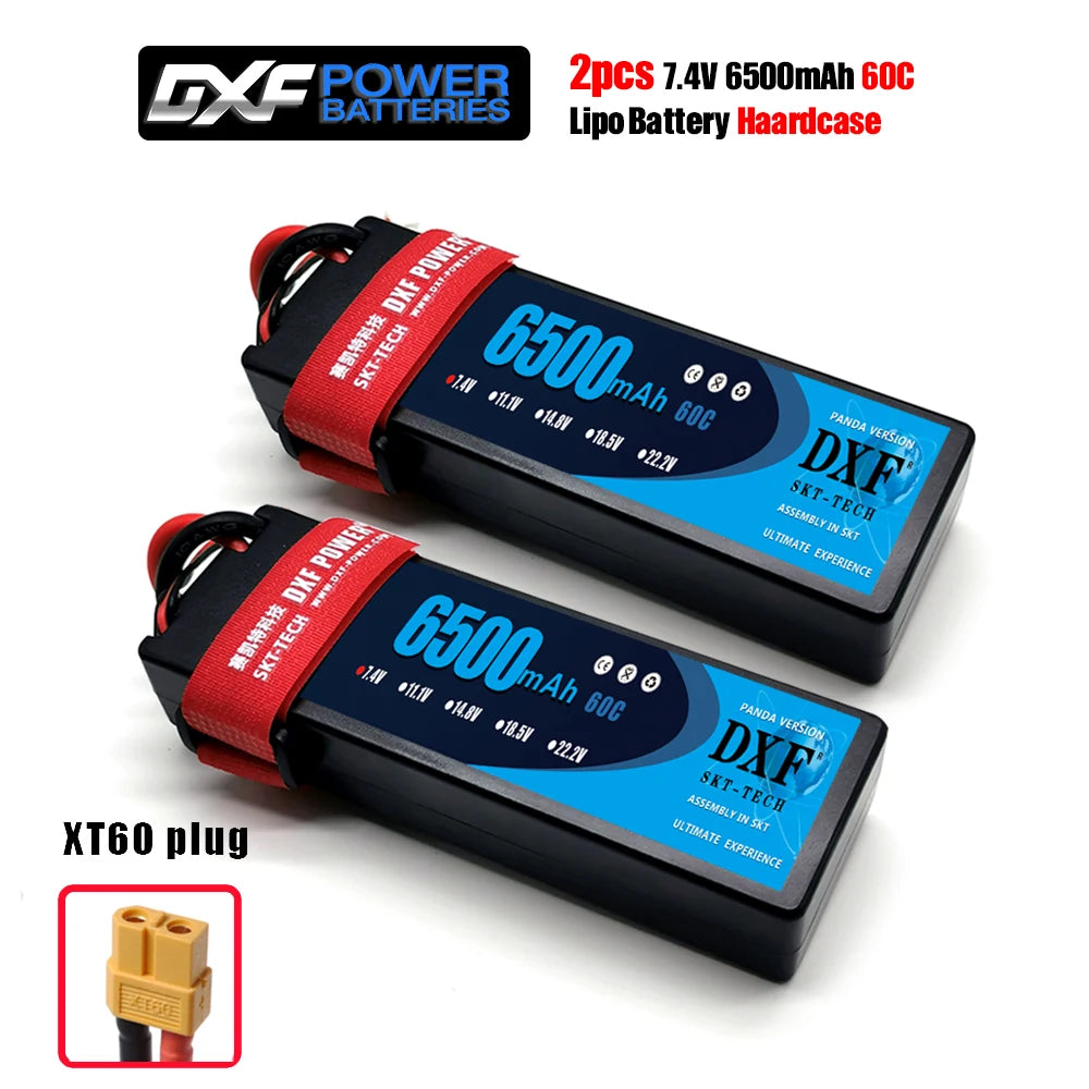 DXF Lipo Battery, Lipo battery available in DXF format, options for 2S/3S/4S, voltage ranges from 7.4V to 14.8V, capacities up to 8400mAh.