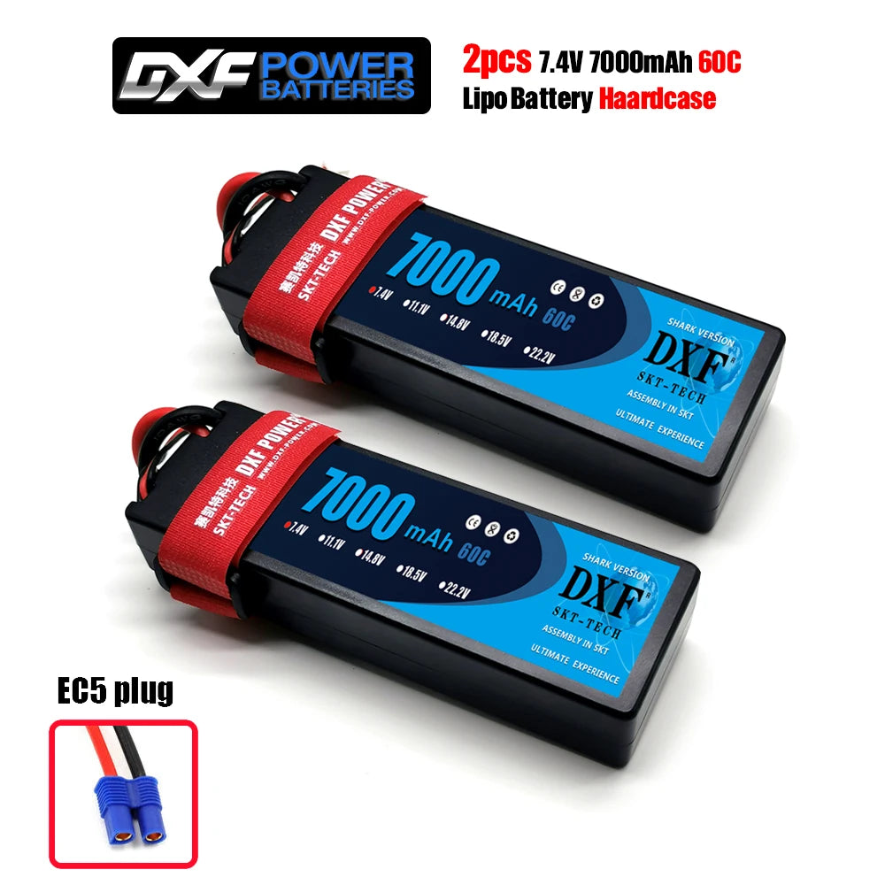 DXF Lipo Battery, Two 7.4V 7000mAh 60C hardcase Lipo batteries with EC5 plugs, Shark Version by SKT-TECH, assembled in SKT for ultimate performance.