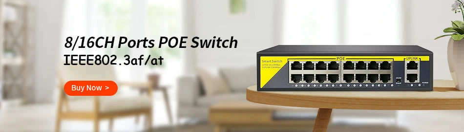 Hiseeu 3MP Camera, PoE switch with 4 ports, IEEE802.3af compliant, flat UI design for easy installation.