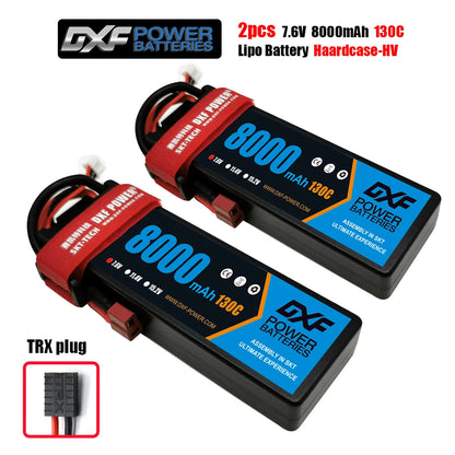 DXF Lipo Battery, DXF Power 7.6V 8000mAh 130C LiPo batteries, hardcase-HV, TRX plug, 2 pcs, SKT assembly, CE certified—ultimate performance. www.dxf-power.com.