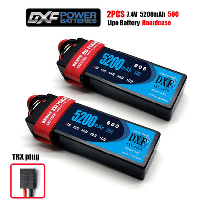 DXF Lipo Battery, 7.4V 5200mAh 50C LiPo battery by SKT-TECH, hardcase, TRX plug, Shark Version—compact, durable, high-performance power for RC cars and airplanes.