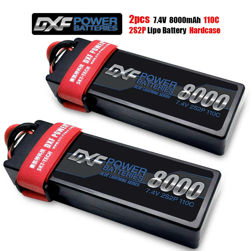 DXF Lipo Battery, Two 8000mAh, 7.4V, 110C Blue Lightning batteries by DXF POWER; durable, high-performance units ideal for RC cars and airplanes.