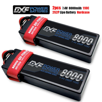 DXF Lipo Battery, Two 8000mAh, 7.4V, 110C Blue Lightning batteries by DXF POWER; durable, high-performance units ideal for RC cars and airplanes.