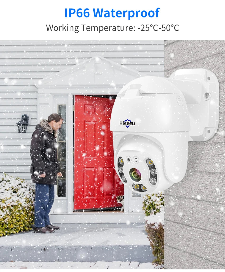 Hiseeu 3MP Camera, IP66 waterproof, -25°C to 50°C working temperature range, rugged 3MP camera.