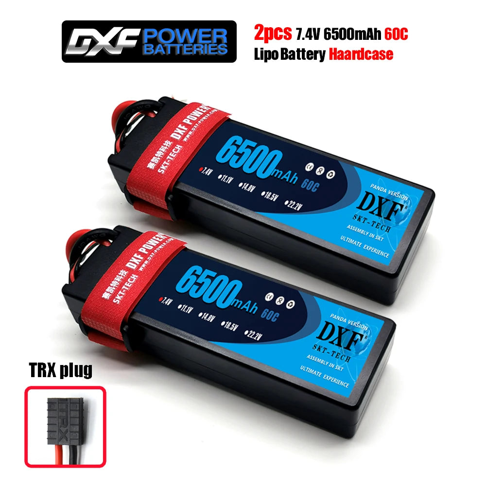 DXF Lipo Battery, Two 7.4V 6500mAh 60C LiPo hardcase batteries with TRX plugs, Panda Version, SKT-TECH assembly, ideal for high-performance RC applications.