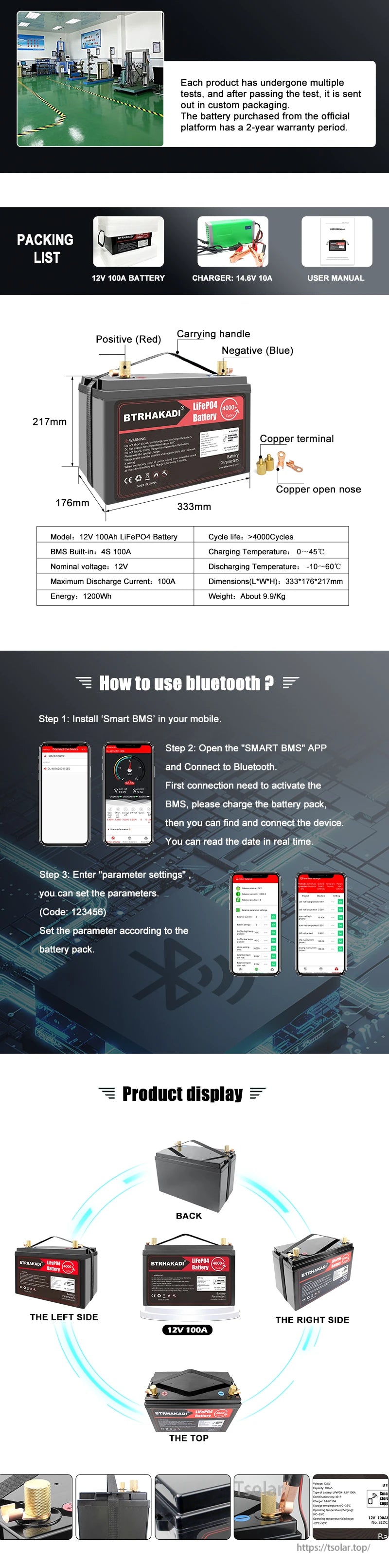 Battery size, packing list, and Bluetooth Smart BMS app connection steps for the 12V 100Ah LiFePO4 pack
