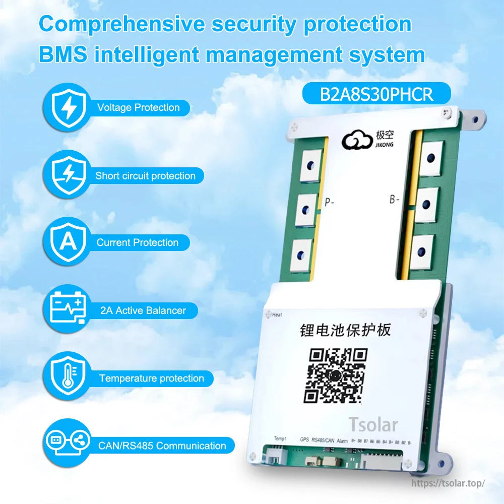 JK B2A8S30PHCR BMS graphic showing voltage, short-circuit, current and temperature protection plus CAN/RS485