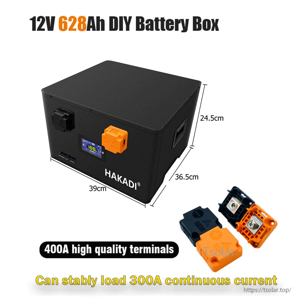Angled view of 12V 628Ah DIY battery box with dimensions 39 x 36.5 x 24.5 cm and terminal close-up