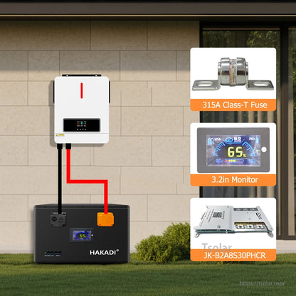 Home inverter connection diagram with HAKADI battery box plus 315A Class-T fuse, 3.2in monitor and JK BMS