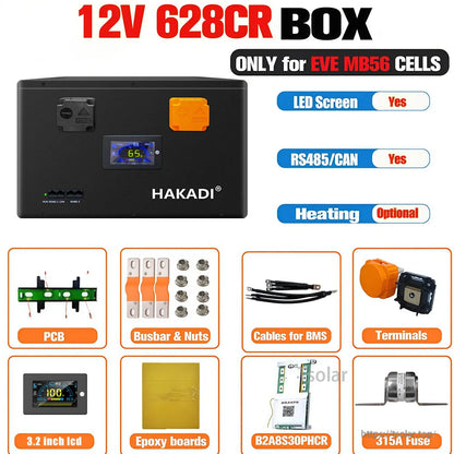 12V 628Ah battery box kit contents diagram showing PCB, busbars, BMS cables, terminals, LCD, and 315A fuse