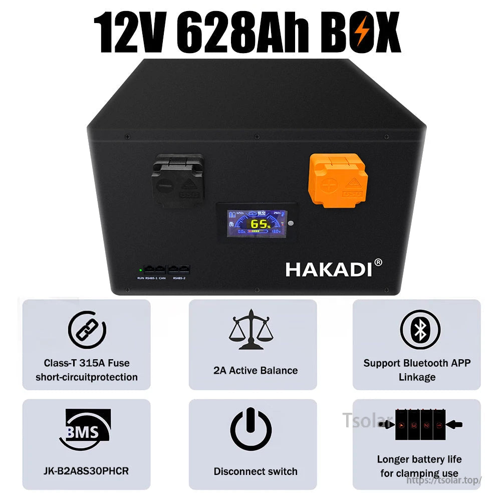 Front view feature icons for 12V 628Ah box: 315A Class-T fuse, 2A active balance, Bluetooth app, disconnect