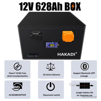 Front view feature icons for 12V 628Ah box: 315A Class-T fuse, 2A active balance, Bluetooth app, disconnect
