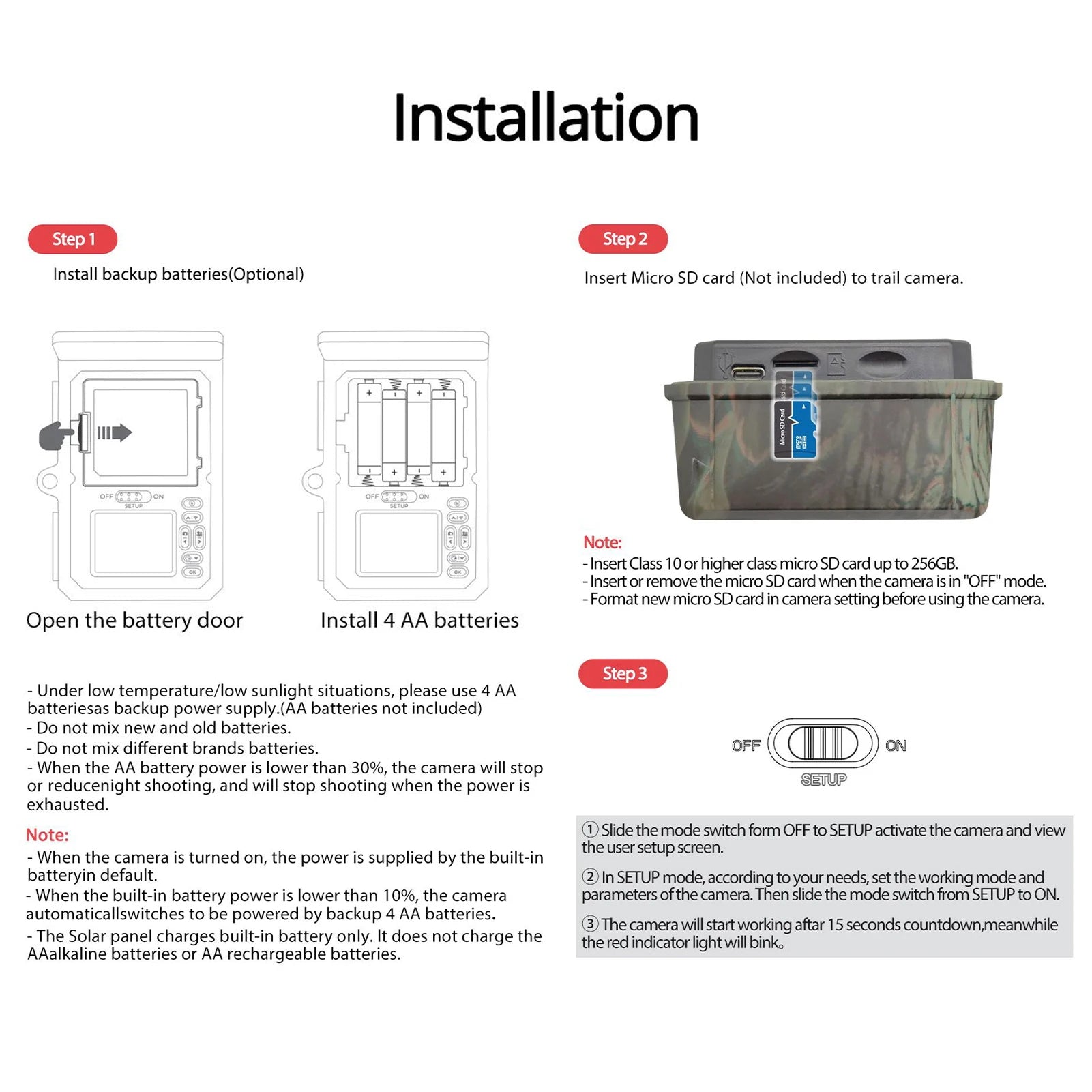 HC-600A Solar Trail Camera, Install backup batteries and micro SD card; format new cards; install AA batteries; set mode switch to use backup power when built-in battery low.