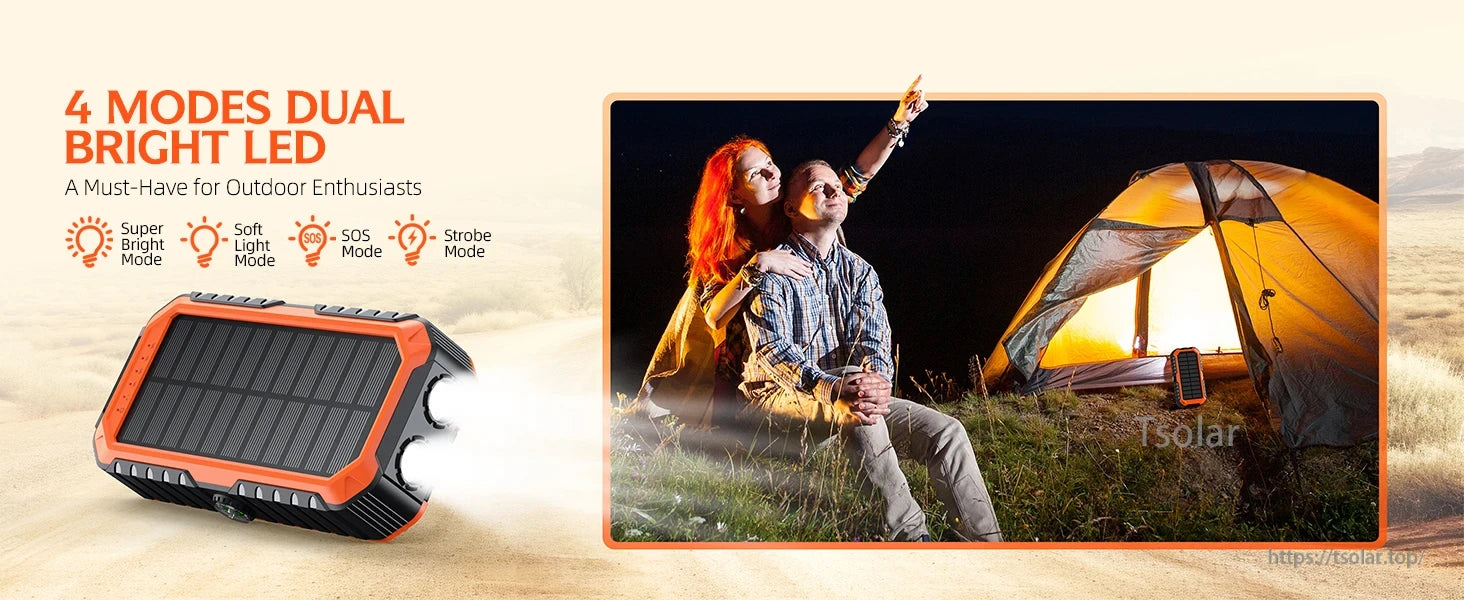 HS-43 40000mAh Solar Power Bank, 4 Modes Dual Bright LED Solar Power Bank for Outdoor Use