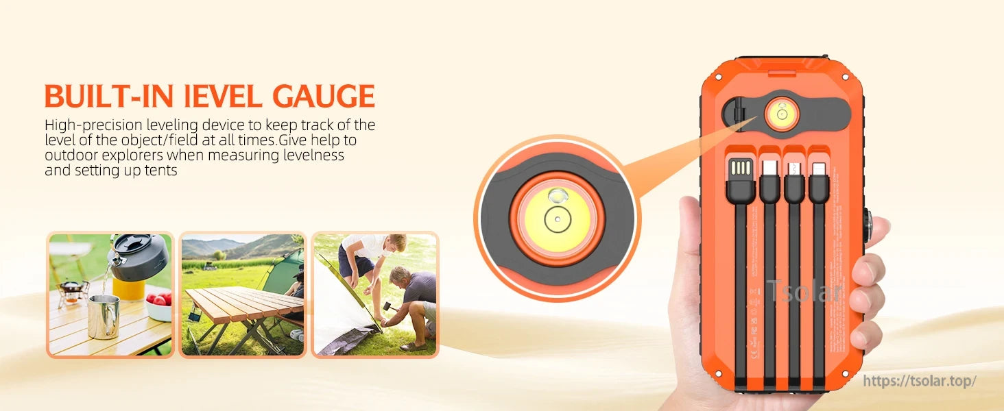 HS-43 40000mAh Solar Power Bank, Built-in level gauge for precise leveling; ideal for outdoor use and tent setup.