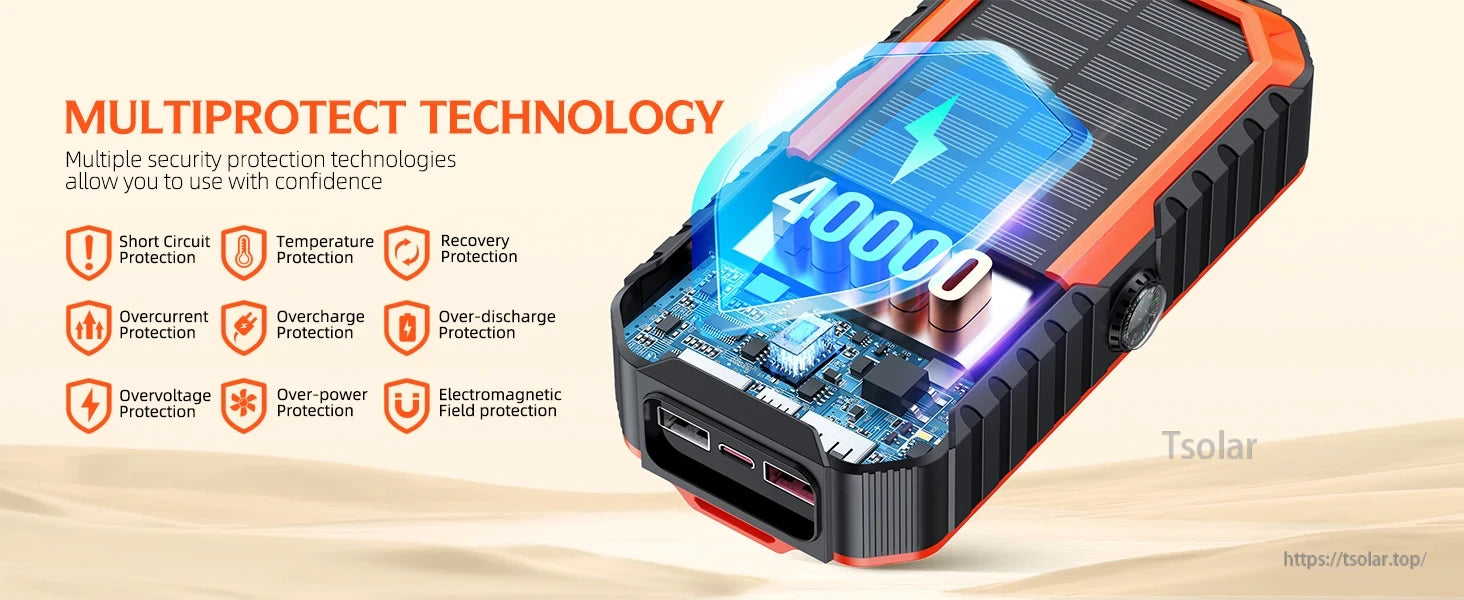 HS-43 40000mAh Solar Power Bank, 40000mAh solar power bank with multiprotect technology, featuring multiple safety protections for reliable use.