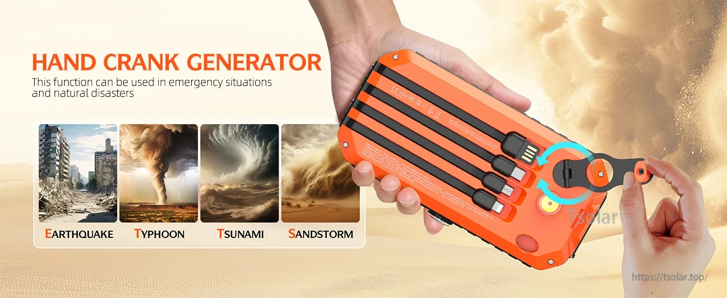 HS-43 40000mAh Solar Power Bank, A hand crank generator provides emergency power during natural disasters like earthquakes, typhoons, tsunamis, and sandstorms.