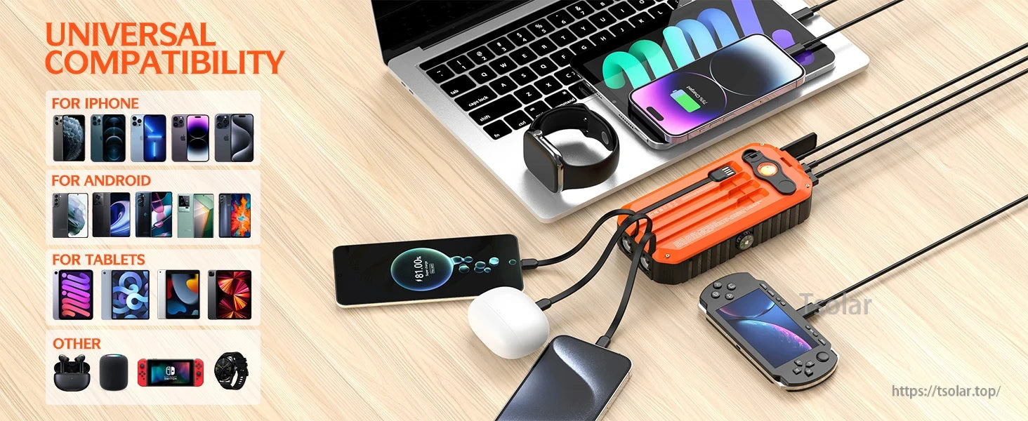 HS-43 40000mAh Solar Power Bank, Power bank compatible with iPhone, Android, tablets, and other devices, offering high capacity for charging multiple devices.