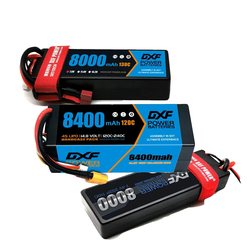 DXF Lipo Battery, DXF Power offers high-capacity LiPo batteries (8000–8400mAh, 50–260C) in 2S–4S, 7.4V–14.8V, with hard/soft cases for RC cars and planes. Assembled in SKT for ultimate performance.