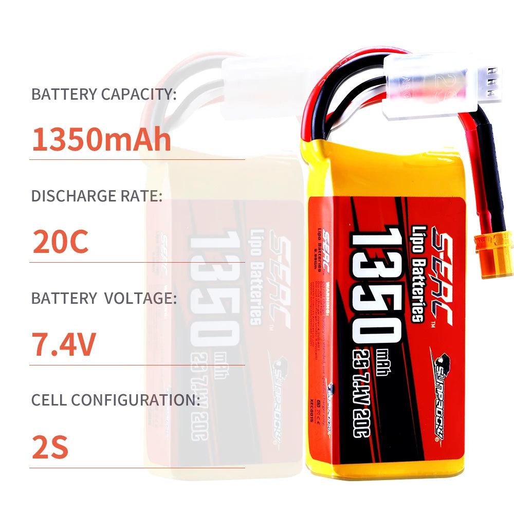 Sunpadow 2S LiPo Battery, 1350mAh 2S 7.4V LiPo battery with 20C discharge rate and XT30 connector, ideal for high-performance RC aircraft.