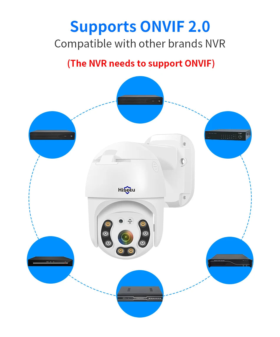 Hiseeu 3MP Camera, Complies with various NVR brands and ONVIF 2.0 protocol, compatible with NVRs that also support ONVIF.