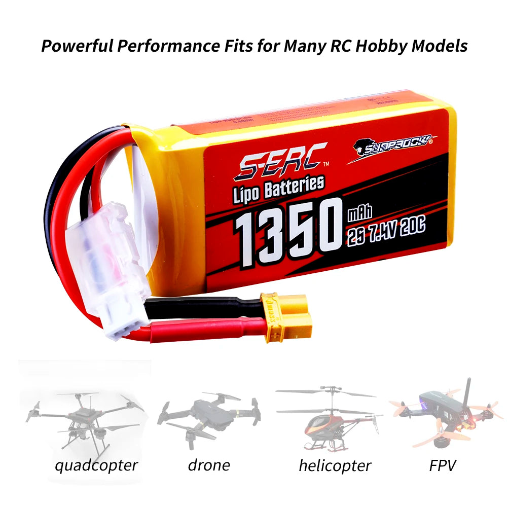 Sunpadow 2S LiPo Battery, SERC 1350mAh 7.4V 20C LiPo battery for RC drones, helicopters, FPV, and quads—high performance, reliable power for hobby-grade remote-controlled aircraft.
