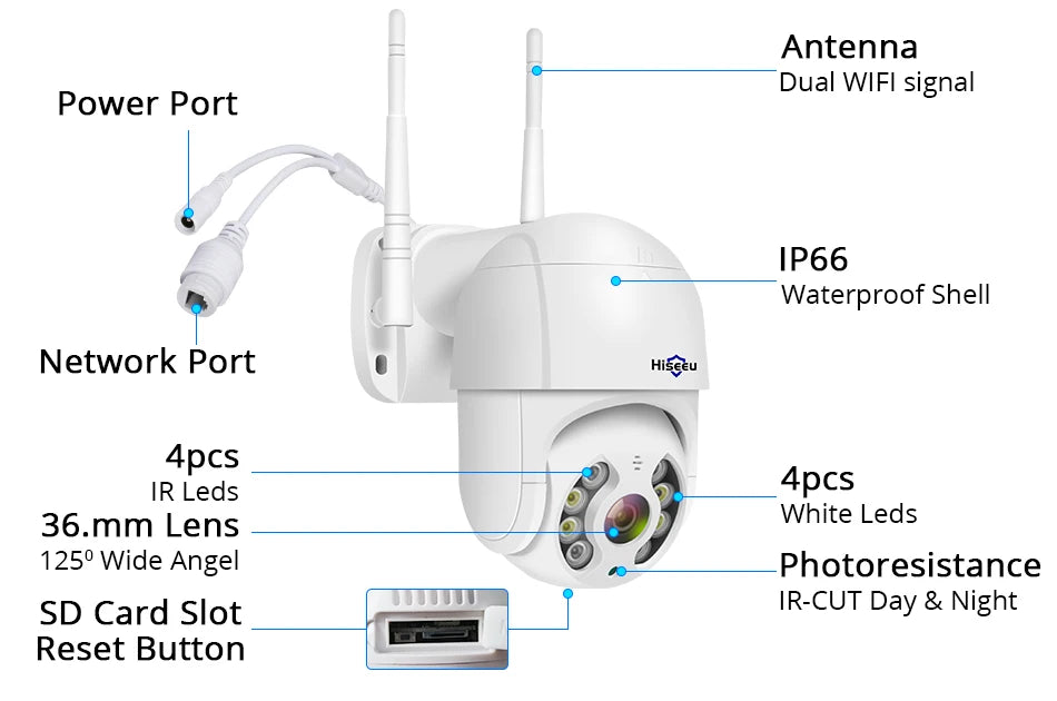 Hiseeu 1080P 2MP Camera, Compact camera with 1080P resolution, waterproof, and advanced features like LED lights and IR-CUT.