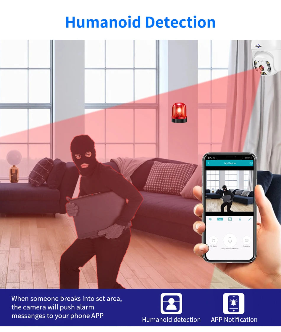 Hiseeu 3MP Camera, Instant alarm notifications on your phone when strangers enter your designated area using a 3MP camera.