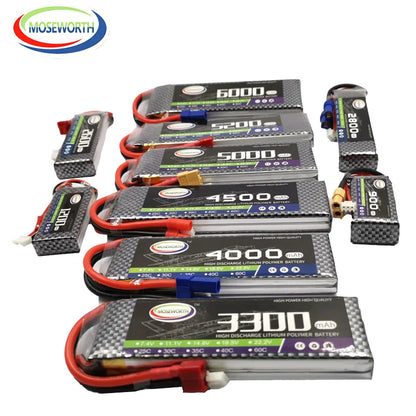 MOSEWORTH 2S 7.4V LiPo Battery offers 1300-6000mAh capacity and discharge rate for RC applications.