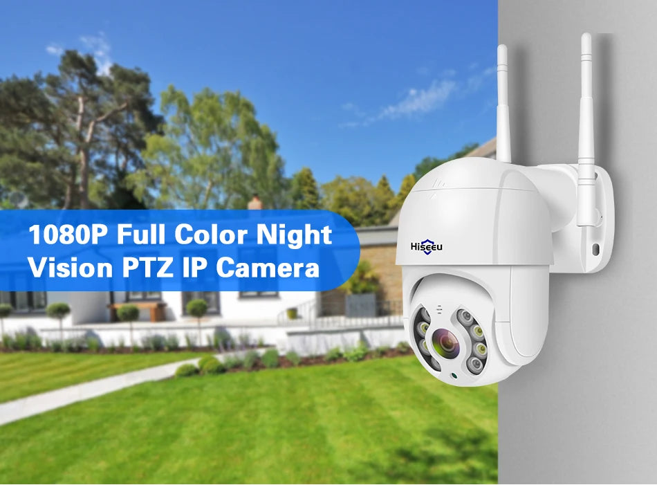 Hiseeu 1080P 2MP Camera, High-tech PTZ IP camera for crisp nighttime views in low-light environments.