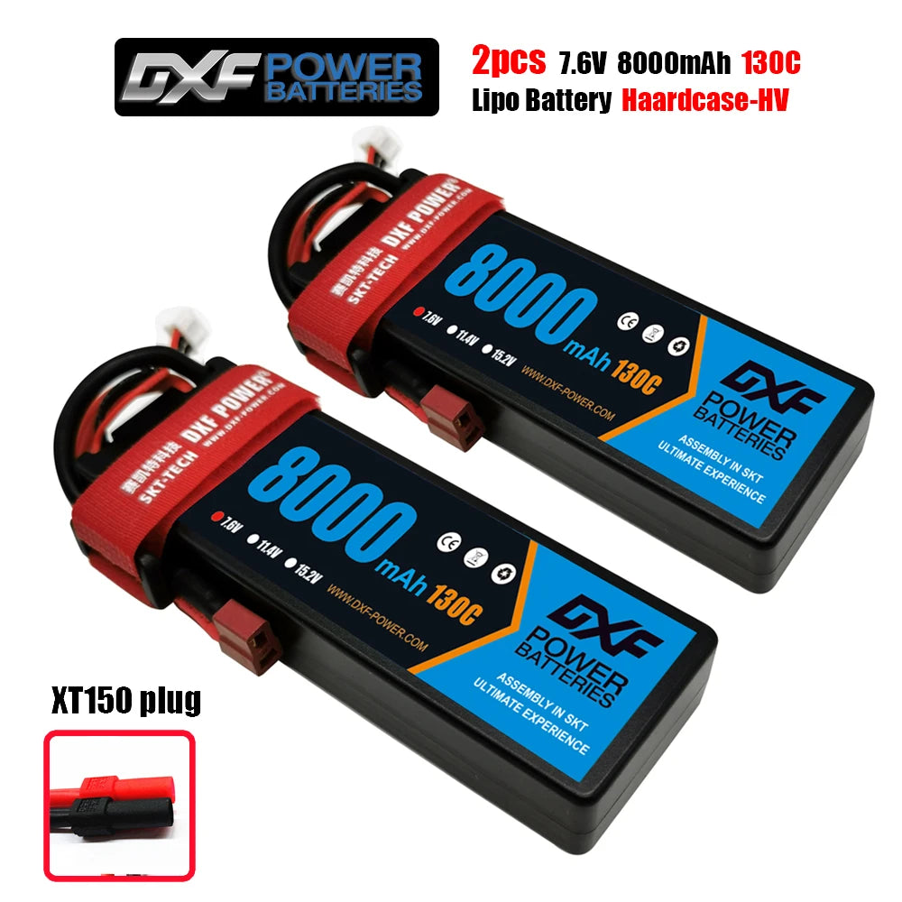 DXF Lipo Battery, DXF Power 7.6V 8000mAh LiPo batteries, 130C, hard case, XT150 plug, SKT assembly, CE certified—high performance for ultimate experience. www.dxf-power.com