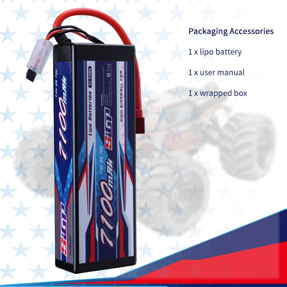 SIGP 2S 7.4V/7.6V LiPo Battery 6000/6100/7100mAh 70C/100C with Deans T Plug for RC Car Truck Buggy Racing