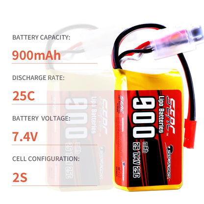Sunpadow 2S LiPo Battery, 7.4V 2S 900mAh LiPo battery with 25C discharge, JST connector, soft pack, ideal for RC aircraft.