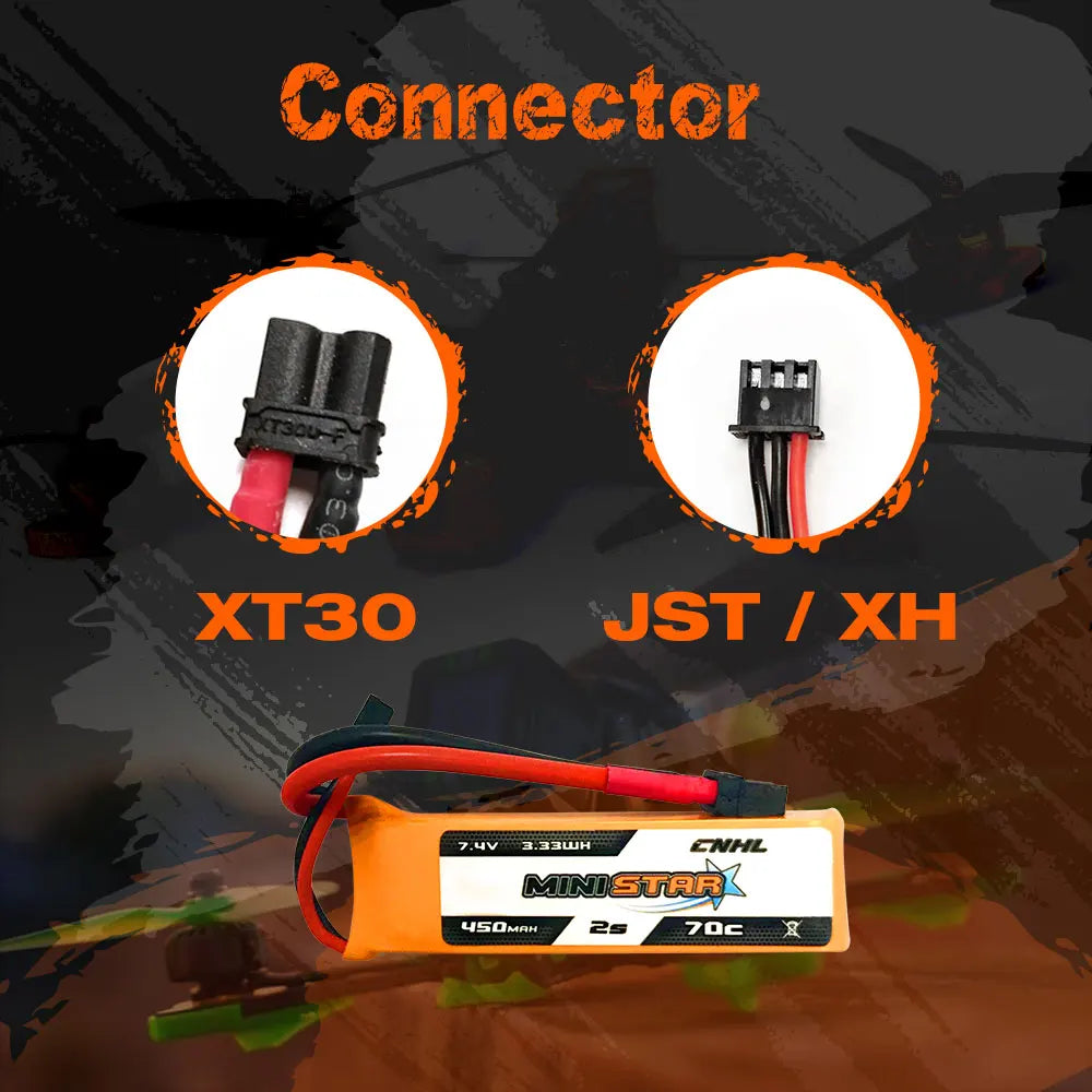 CNHL MiniStar 450mAh 7.4V 2S 70C LiPo battery features XT30 and JST/XH connectors, ideal for small RC models requiring reliable, high-discharge power.