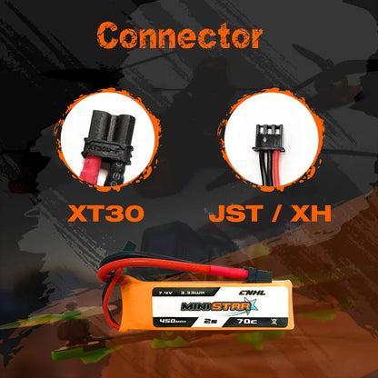 CNHL MiniStar 450mAh 7.4V 2S 70C LiPo battery features XT30 and JST/XH connectors, ideal for small RC models requiring reliable, high-discharge power.